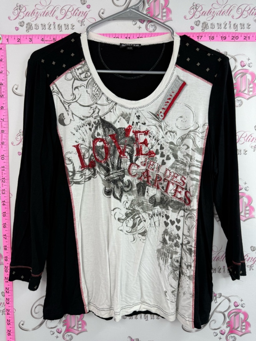 Onyx shirt magazine print Black & White Long Sleeve Top with Red Graphic